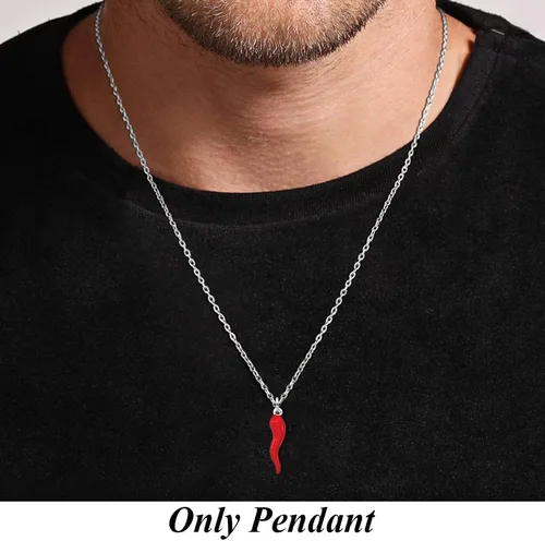 Vista 5 de Diamond2Deal Colgante de cuerno italiano de plata de ley 925 con esmalte rojo, joyería fina para mujer (L- 1.299 in W- 0.276 in), Plata esterlina