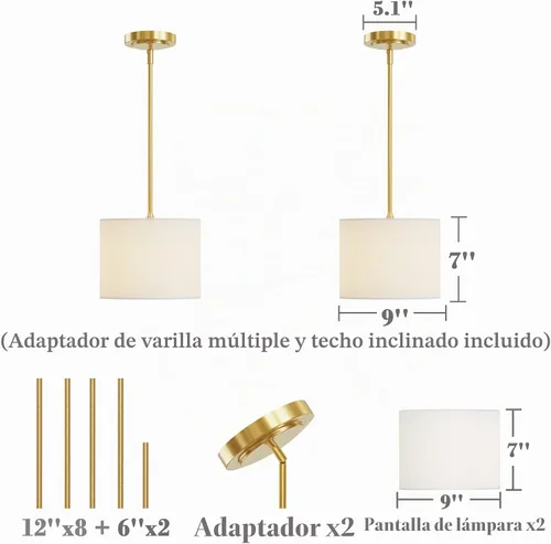 Vista 6 de Electro bp; Lámpara colgante con pantalla de tambor de lino blanco de 9 pulgadas de diámetro con kit de poste dorado pulido, E26, cableado, paquete