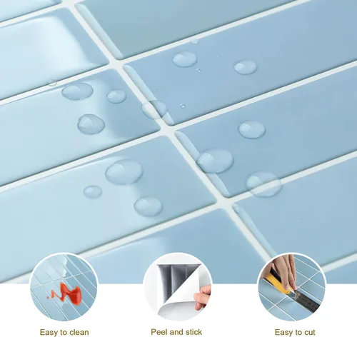 Vista 4 de Azulejo azul para salpicaduras de 10 hojas, revestimiento 3D adhesivo para cocina, baño, azulejos de pared (12 x 12 pulgadas)