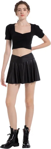 Vista 5 de Faldas de piel sintética para mujer, minifalda plisada, de cintura alta, con 3 bolsillos