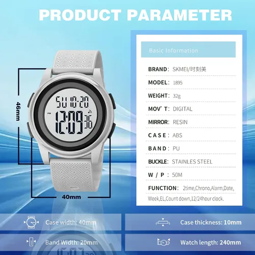 Vista 7 de SKMEI Reloj deportivo digital para hombre, ultrafino, grande, impermeable, con cronómetro, temporizador de cuenta regresiva, función de alarma, luz