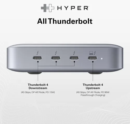 Vista 2 de Hyper Unidad USB-C y Thunderbolt 4 Hub con fuente de alimentación GaN integrada: tres puertos Thunderbolt 4 downstream y un puerto ascendente