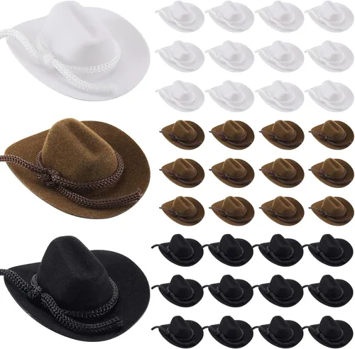 Vista 8 de Hercicy 24 sombreros de vaquero para manualidades, decoración de muñecas, sombreros de vaquera de 2 pulgadas, gorras occidentales en miniatura