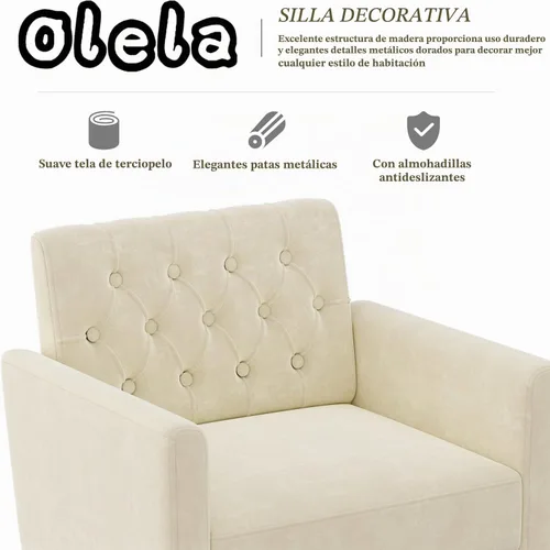 Vista 5 de Olela Silla decorativa con brazo para sala de estar, sillón moderno de terciopelo, sofá individual, acogedora silla auxiliar tapizada para lectura