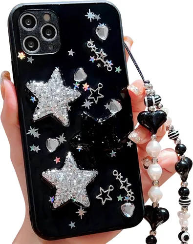 Vista 50 de Compatible con iPhone 11 Pro Funda Transparente Bonita con Diseño de Estrella con Purpurina en 3D con Perlas y Pulsera de Perlas, Diseño de Cadena