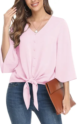 Vista 31 de VIISHOW Blusas de verano para mujer, con botones, cuello en V, de gasa, mangas acampanadas de 3/4, con nudo, casuales 01 Blanco