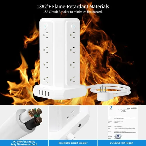 Vista 7 de NTONPOWER - Regleta protectora de sobretensiones en torre, 16 salidas y 4 puertos USB, estación de carga de escritorio, interruptor individual