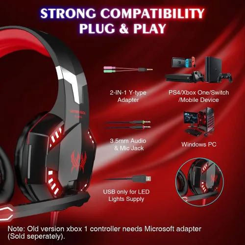 Vista 6 de VersionTECH. G2000 - Auriculares para juegos con micrófono con cancelación de ruido, luces LED, orejeras de memoria suave para PS5PS4Xbox