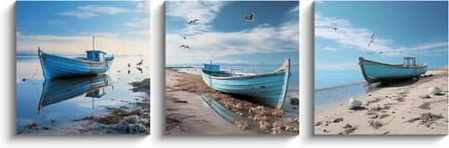 Vista 2 de Arte de pared costero de playa, arte en lienzo de barco azul, imágenes de gaviota, paisaje marino, impresiones de pintura de paisajes marinos, obras