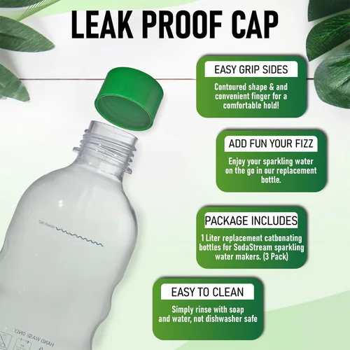 Vista 4 de Botellas de agua carbonatada de repuesto para SodaStream - 1 litro, sin BPA y a prueba de fugas