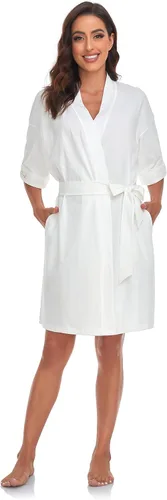 Vista 158 de COLORFULLEAF Bata de baño de manga corta para mujer, 100% algodón, longitud hasta la rodilla, con bolsillos