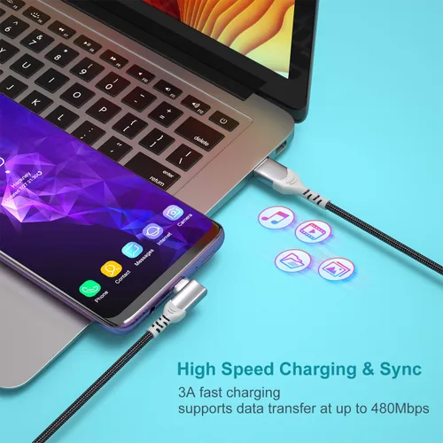 Vista 5 de Pofesun - Cable USB C [3 unidades, 6.6 pies] 3.1A tipo C cargador de carga rápida en ángulo recto, cable de carga USB C trenzado compatible