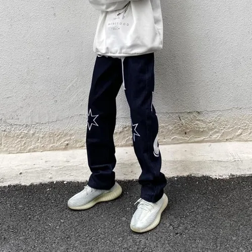 Vista 4 de BXCNCKD Jeans góticos de calle hip-hop con letras de contraste de color para hombre, pantalones casuales sueltos Harajuku
