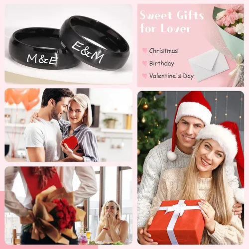 Vista 5 de Juego de anillos de boda negros para él y ella, anillos grabados para hombre, bandas de clase para hombres y mujeres, anillos personalizados