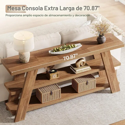 Vista 6 de Tribesigns - Mesa consola extralarga de 70.9" con almacenamiento, mesa de sofá estrecha de 3 niveles en madera detrás del sofá, mesa de entrada