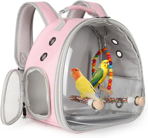 Vista 9 de Jaula portátil de viaje para loros con juguete pequeño oscilante y jaula de juguetes coloridos, bolsa de periquito para pájaros pequeños con bolsa