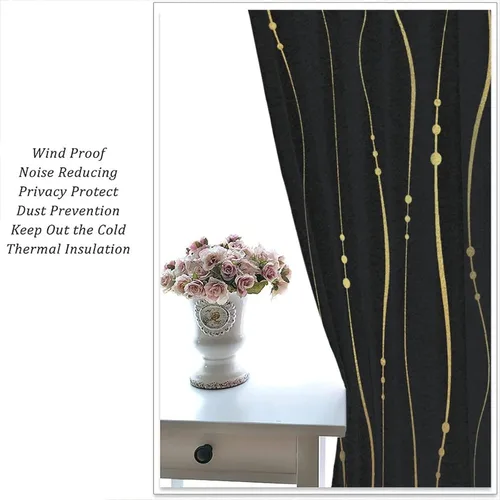 Vista 23 de Cortinas Negras con Dobladillo Dorado, Cortinas Opacas con Bolsillo para Barra con Estampado de Rayas de Foil en Onda Dorada para Decoración de Negro
