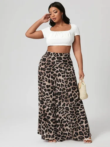 Vista 5 de WDIRARA Pantalones de mujer con estampado de leopardo y pierna ancha y cremallera trasera