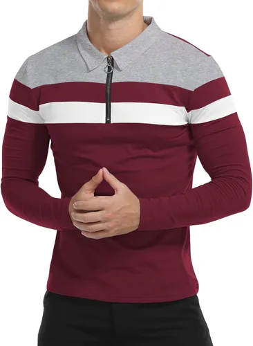 Vista 4 de YTD Polo de manga larga para hombre con cremallera de un cuarto casual ajustado cuello de solapa camisas de algodón de diseño básico