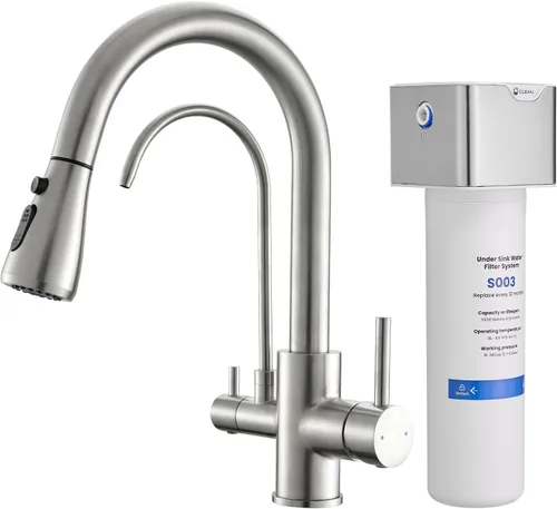 Vista 10 de GIMILI Grifo de cocina 3 en 1 de acero inoxidable negro con sistema de filtro de agua debajo del fregadero, reduce el plomo, cloro, mal sabor