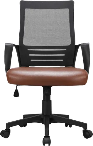 Vista 10 de Yaheetech Silla de oficina de malla con respaldo medio con asiento de cuero, silla ejecutiva para computadora de oficina con reposabrazos y soporte