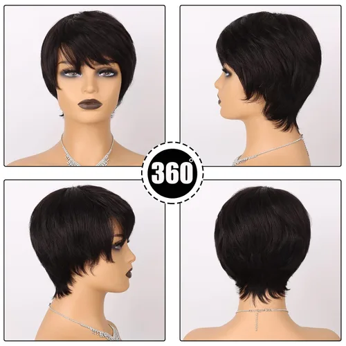Vista 2 de Pelucas de cabello humano con corte Pixie para mujeres negras, 100% cabello humano, pelucas cortas Pixie para uso diario en fiestas (1B)