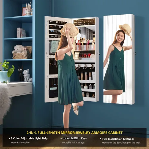 Vista 5 de Lvifur Armario de joyería con tira LED de 3 colores, regulación de color, armario de joyería montado en la paredpuerta con espejo de longitud