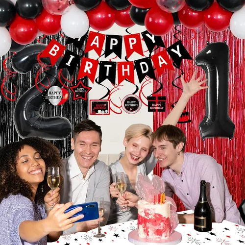 Vista 2 de Decoraciones de cumpleaños 21 para él y ella, decoraciones de fiesta de cumpleaños 21 en rojo y negro con globos, pancarta, espirales colgantes