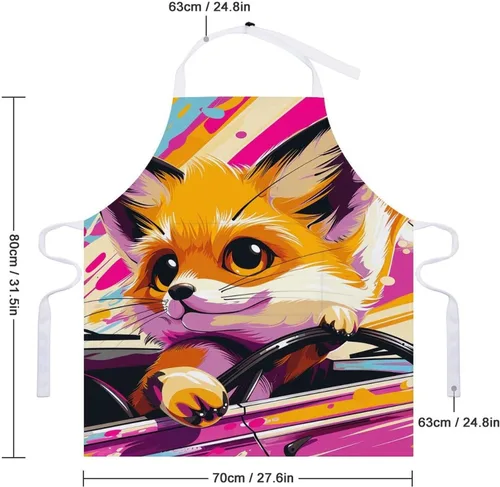 Vista 2 de MUSM Apron for Adults - 27.6 X 31.5 Inch, Heavy-Duty Polyester Aprons with Two Large Pockets, Waterproof Little Fox in The Car Kitchen Apron for