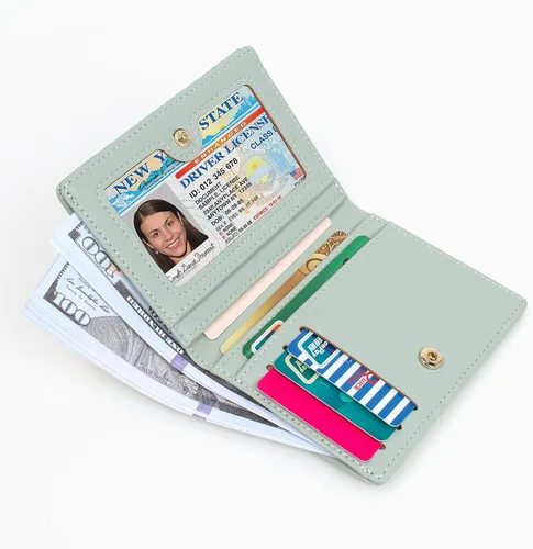 Vista 3 de SUMGOGO Cartera pequeña para mujer, delgada, de piel, con tarjetero RFID, plegable, corto, con cremallera, bolsillo frontal, Verde (Mint Green)
