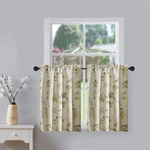 Vista 15 de Leeva Cortinas rústicas de cocina con estampado floral verde mezclado de lino para media ventana, para comedor, bolsillo para barra, cafetería