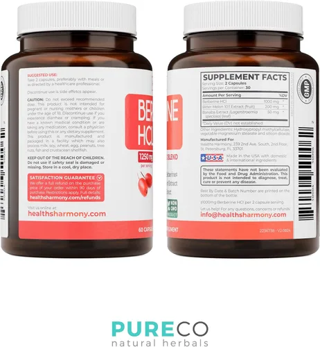 Vista 8 de Suplemento de berberina (sin OMG y vegetariano) Berberina HCL Plus Cápsulas de extracto de hoja de banaba y melón amargo - Berberina 500 mg cada