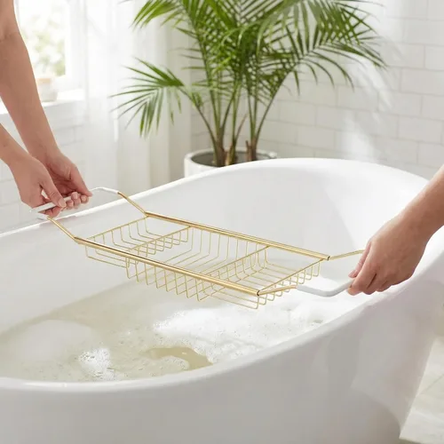 Vista 6 de Cabilock Bandeja de baño de acero inoxidable de lujo – Estante de baño moderno expandible de 24.8 pulgadas para bañera con copa de vino y soporte