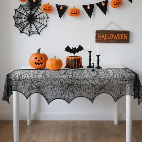 Vista 2 de PIGETALE Cubierta de bufanda para chimenea de Halloween, tela de araña de encaje negro, mantel de telaraña, mantel superior, bufanda, cortina