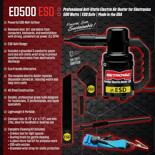Vista 5 de MetroVac DataVac ED-500-ESD Plumero de Aire Eléctrico Soplador de Aire Antiestático para Limpieza de PC con Accesorios