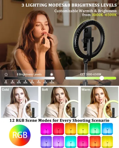 Vista 2 de Kit de vlogging para iPhone/Android, anillo de luz de 10 pulgadas con soporte, trípode de 74 pulgadas para iPhone con luz, micrófono, kit de inicio