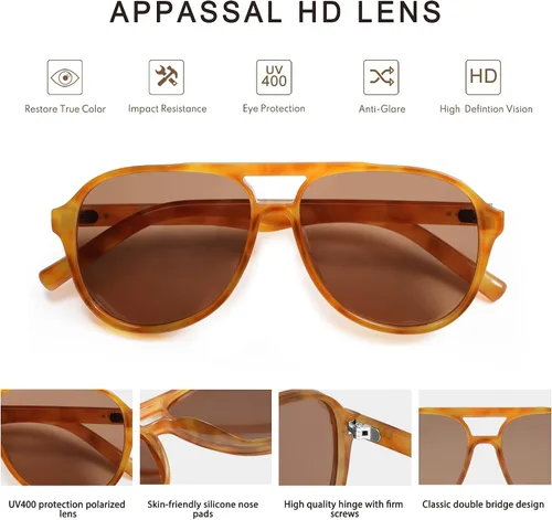 Vista 4 de Gafas de sol de aviador polarizadas retro para mujeres y hombres de los años 70 vintage doble puente Sunnies AP3654