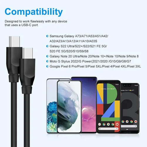 Vista 7 de Cable USB C a USB C, 60 W, paquete de 2 cables de carga rápida tipo C a tipo C de 6 pies C Phone Charger Cable for Samsung Galaxy S26 S25 S24 S23