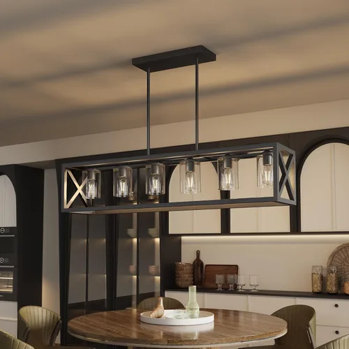 Vista 14 de Lámpara de comedor de granja – Iluminación de isla de cocina de 4 luces con altura ajustable y metal grueso para comedor sobre mesa, candelabros