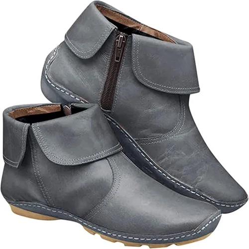 Vista 28 de Ladmiple Botas de tobillo para mujer, sin tacón, casual, con cremallera lateral, botas cortas vaqueras occidentales, zapatos para caminar