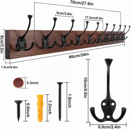 Vista 2 de IBosins Perchero de pared de 34'' con 10 ganchos tri-decorativos, colgador de abrigos de madera resistente, barra de ganchos rústicos para entrada