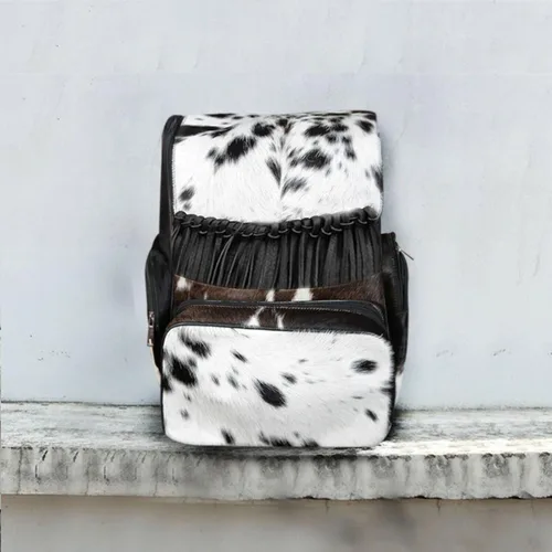 Vista 5 de LP-FACON Piel de vaca impresión de pelo de piel de cuero franja pañal mochila mochilamochila de viaje bolsa de hombro, Mochila de viaje negra