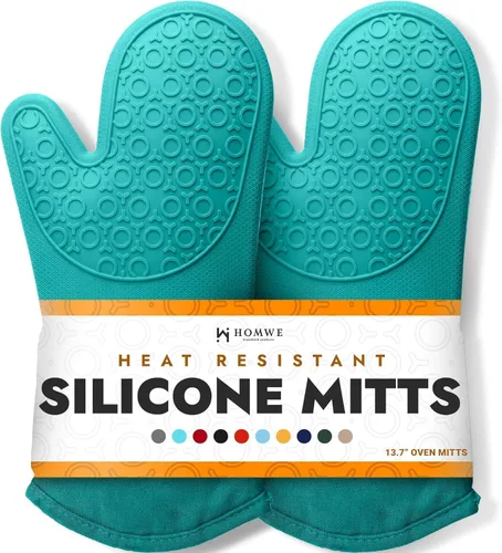Vista 21 de HOMWE - Manopla de horno profesional y extralarga de silicona, guantes con forro acolchado, agarraderas resistentes al calor, guantes flexibles