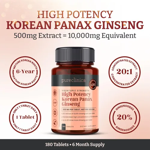 Vista 3 de Pureclinica Panax Ginseng coreano de alta potencia 10,000 mg x 180 tabletas - 6 meses de suministro