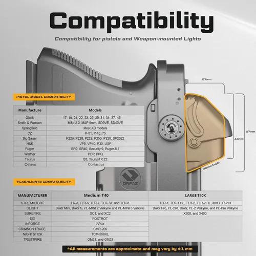Vista 2 de Orpaz Funda con rodamiento de luz T40 – Funda táctica universal OWB, seguridad de nivel 2 y nivel 3, compatible con la mayoría de luces de pistola