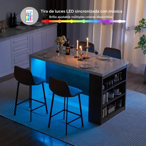 Vista 5 de ONBRILL Mesa completa de mesa de isla de cocina de 61 x 31 pulgadas con espacio de almacenamiento, toma de corriente y luces LED, mesa de comedor