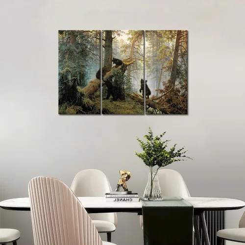 Vista 6 de Osos juegan en el bosque, árbol caído, pintura artística para pared, impreso en lienzo, imágenes de animales para decorar el hogar, regalo