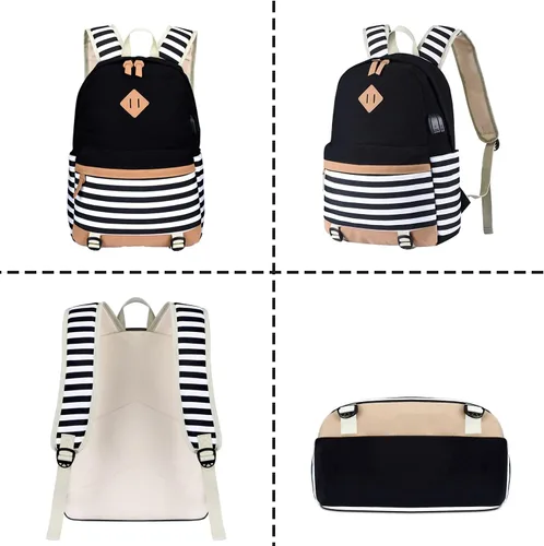 Vista 5 de Mochila escolar de lona a rayas, mochila casual para laptop, mochila para estudiantes universitarios, mochila para mujeres, adolescentes y niñas
