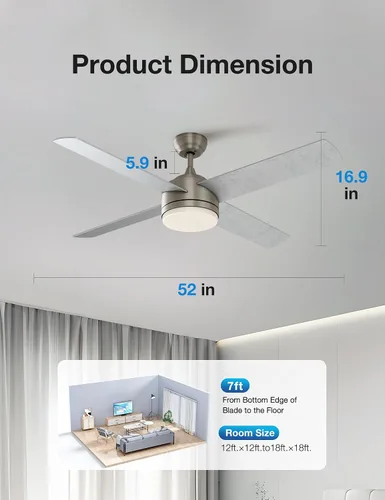 Vista 6 de warmiplanet Ventilador de techo con luz LED y control remoto, motor cepillado, 52 pulgadas (4 cuchillas)