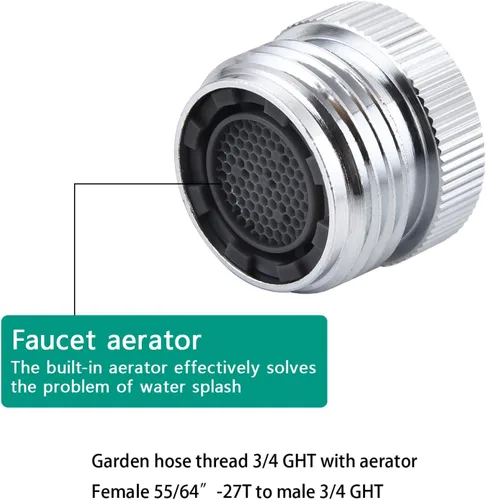 Vista 4 de Ceaeso Adaptador de Grifo a Manguera de Jardín con Aerador, Adaptador de Grifo de Fregadero a Manguera de Jardín para Baño/Cocina, Rosca GHT de 3/4